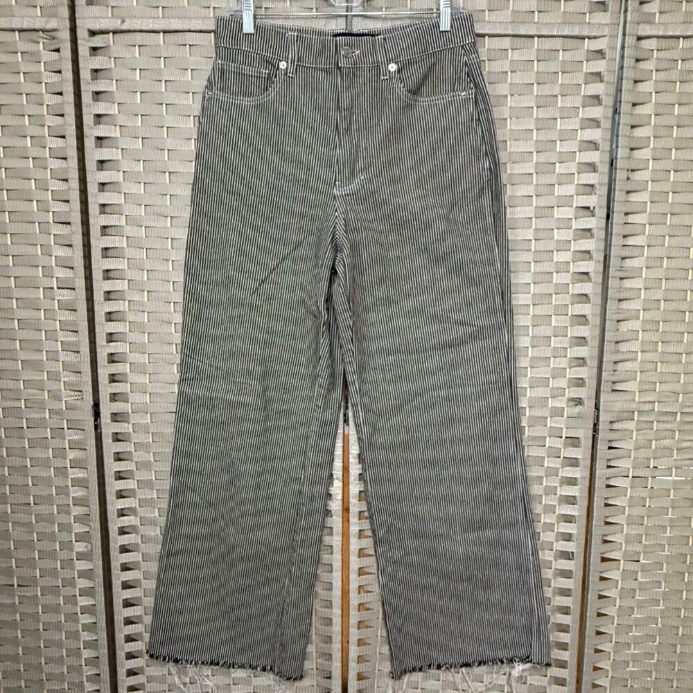 Veronica Beard TAYLOR RELAXED WIDE LEG JEANS 29” Waist Brown Ecru Stripe Raw Hem